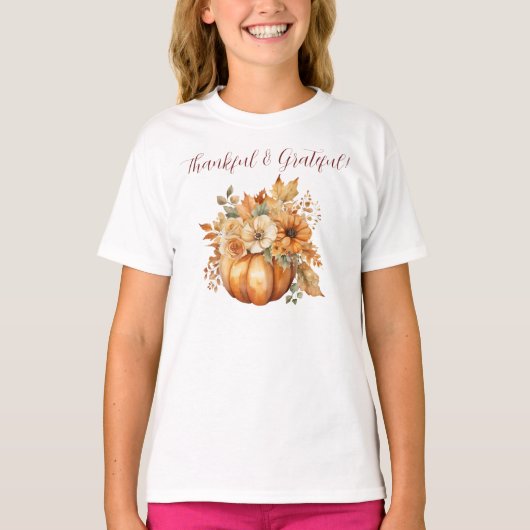 Waterverf pompoen en bloemen-dankbaar & dankbaar t-shirt (Voorkant)