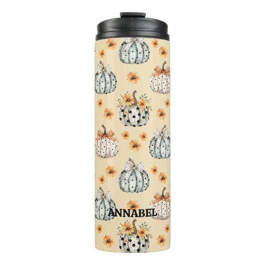 Waterverf pompoen en bloemen script naam thermosbeker (Voorkant)