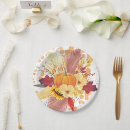 Waterverf Pompoen en Bloemen Thanksgiving Papieren Bordje