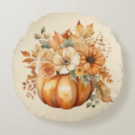 Waterverf Pompoen en Floral Design- Rond Kussen