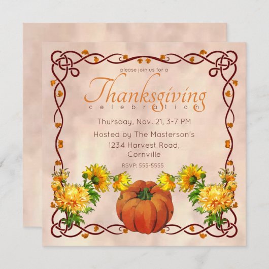 Waterverf Pompoen en Gele Mums Thanksgiving Kaart (Voorkant / Achterkant)