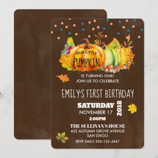 Waterverf pompoen en seizoensgebonden herfstblader kaart (Voorkant / Achterkant)