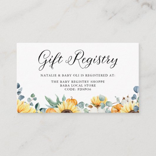 Waterverf Pompoen en Zonnebloem Baby Registry Informatiekaartje (Voorkant)