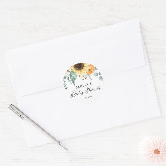 Waterverf Pompoen en Zonnebloem Herfst Baby shower Ronde Sticker (Envelop)