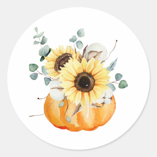 Waterverf Pompoen en Zonnebloemen Herfst Arrangeme Ronde Sticker (Voorkant)