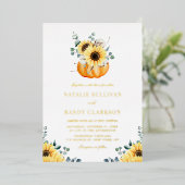 Waterverf pompoen en zonnebloemen vieren bruiloft folie uitnodiging (Staand Voorkant)