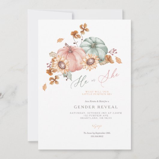 Waterverf Pompoen Geslacht Onthulling Party Uitnod Kaart (Voorkant)