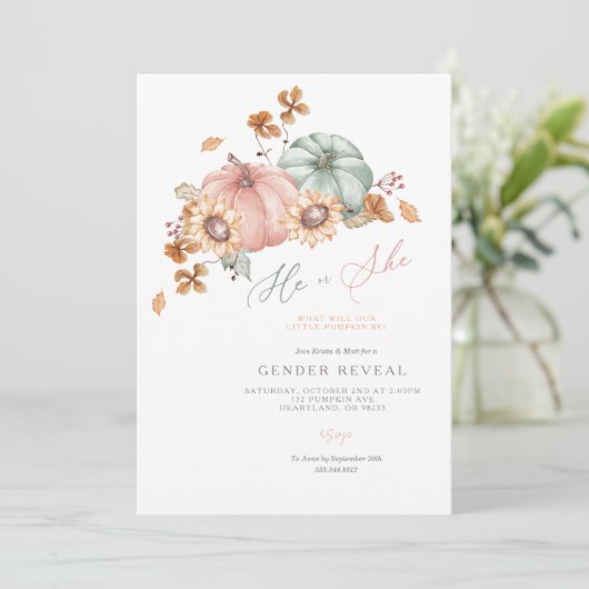 Waterverf Pompoen Geslacht Onthulling Party Uitnod Kaart (Staand voorkant)