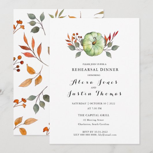 Waterverf pompoen Herfst foliage Rehearsal Dinner Aankondiging (Voorkant / Achterkant)