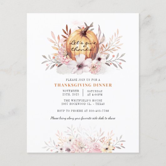 Waterverf pompoen Herfst Thanksgiving Flyer (Voorkant)