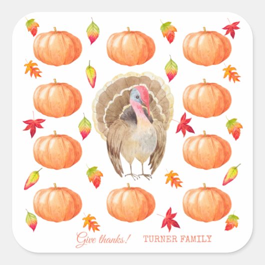 Waterverf Pompoen Kalkoen Patroon Thanksgiving Vierkante Sticker (Voorkant)
