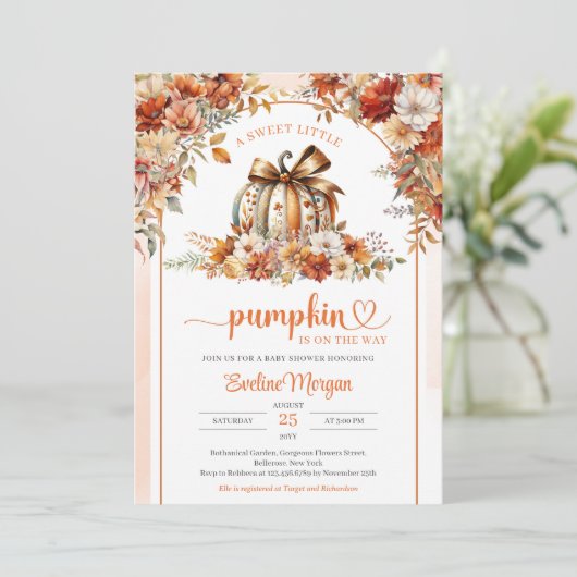 Waterverf pompoen met coquette boog bloemenboog kaart (Staand voorkant)