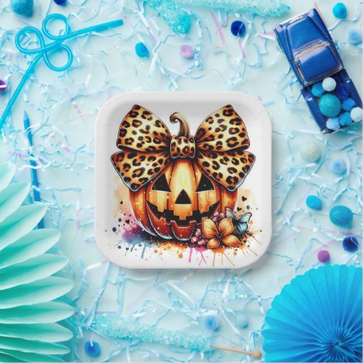 Waterverf Pompoen met strik Papieren Bordje (Feest)