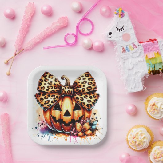 Waterverf Pompoen met strik Papieren Bordje (Feest)