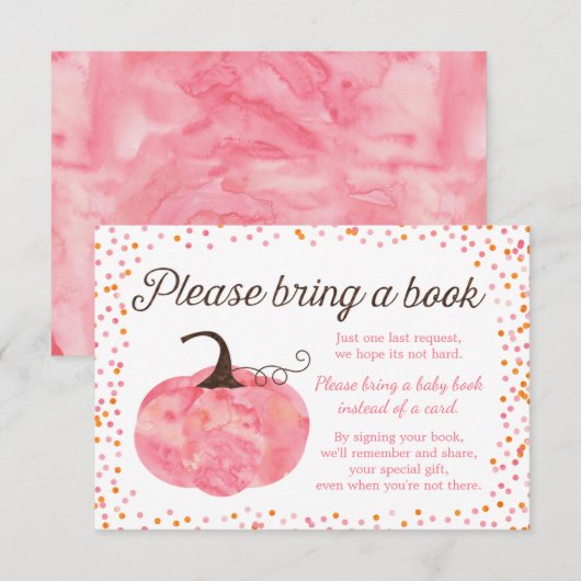Waterverf pompoen roze Baby shower Breng een boek Kaart (Voorkant / Achterkant)