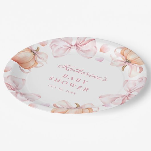 Waterverf Pompoen Roze Bow Baby shower Papieren Bordje (Gekanteld)
