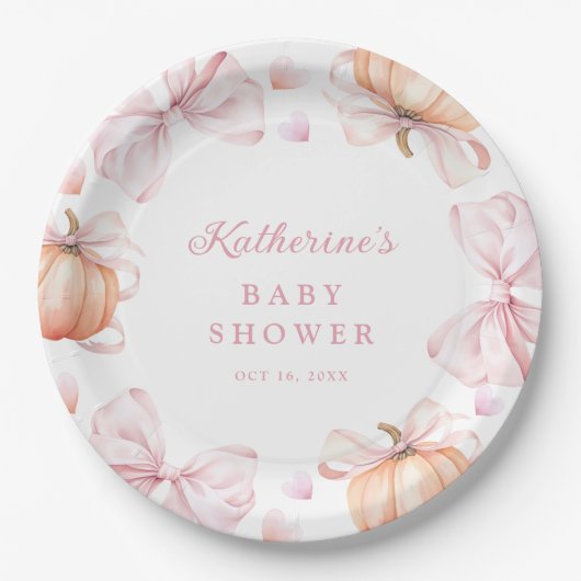 Waterverf Pompoen Roze Bow Baby shower Papieren Bordje (Voorkant)