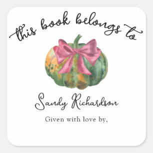 Waterverf pompoen strik Baby Shower boekplaat Vierkante Sticker
