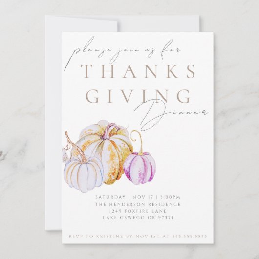 Waterverf Pompoen Thanksgiving Dinner Uitnodiging (Voorkant)