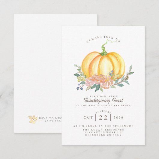 Waterverf pompoen | Thanksgiving Feest Kaart (Voorkant / Achterkant)