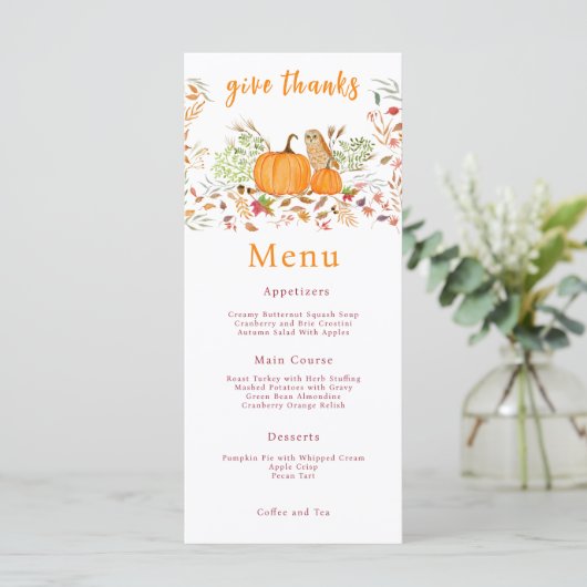 Waterverf pompoen & uil in het najaar menu (Staand voorkant)