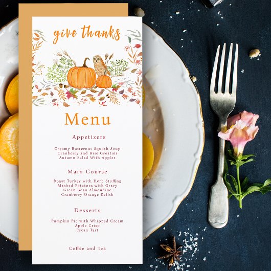 Waterverf pompoen & uil in het najaar menu