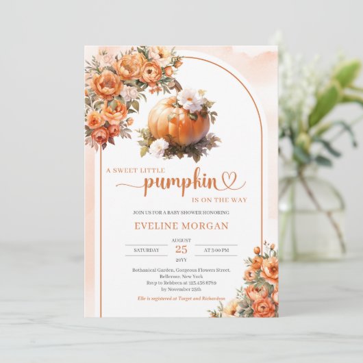 Waterverf pompoen witte herfstbloemen pioenen kaart (Staand voorkant)