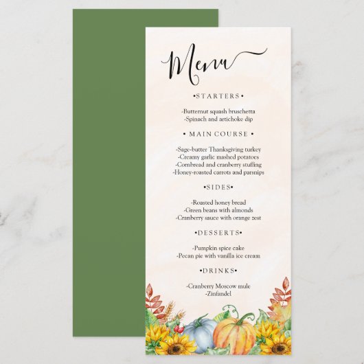 Waterverf Pompoen Zonnebloem Thanksgiving Menu (Voorkant / Achterkant)