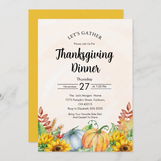 Waterverf Pompoen Zonnebloemen Thanksgiving Diner Kaart (Voorkant / Achterkant)