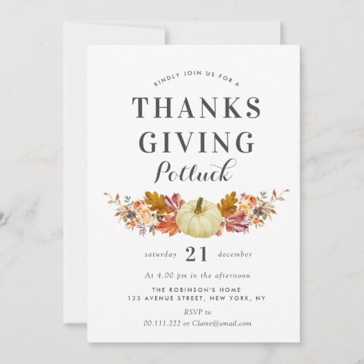 waterverf pompoenbladeren thanksgiving potluck kaart (Voorkant)