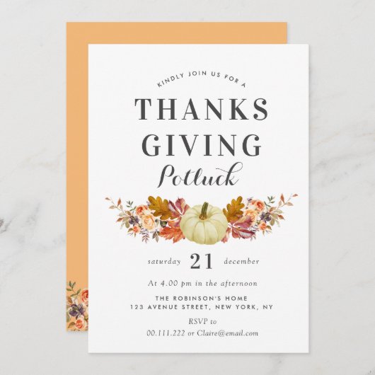 waterverf pompoenbladeren thanksgiving potluck kaart (Voorkant / Achterkant)