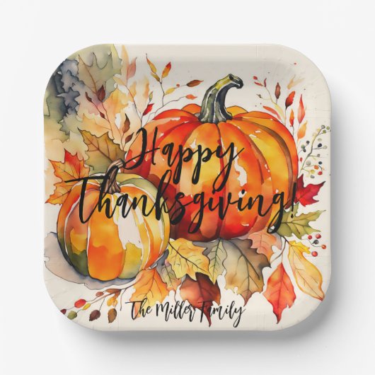 Waterverf Pompoenen en Fall Leaves Thanksgiving Papieren Bordje (Voorkant)