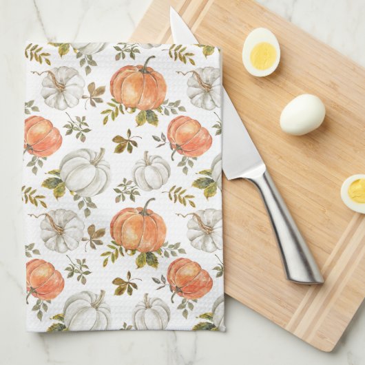 Waterverf pompoenen en gebladerte herfstpatroon theedoek (Quarter Fold)