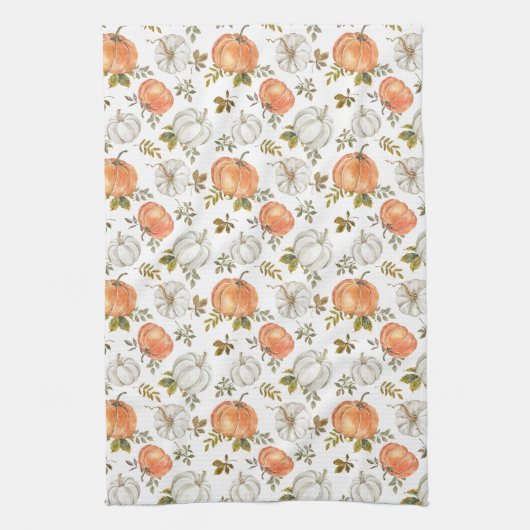 Waterverf pompoenen en gebladerte herfstpatroon theedoek (Verticaal)