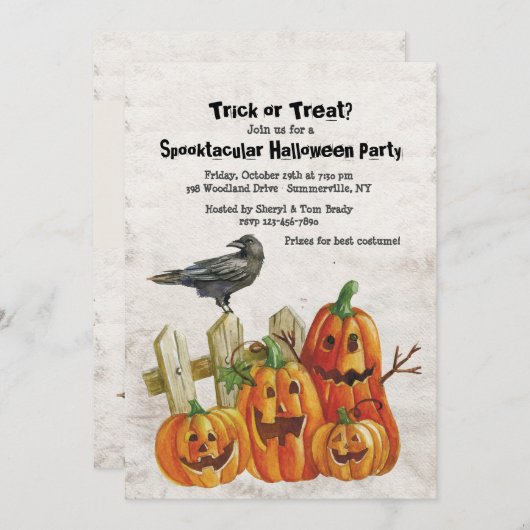 Waterverf pompoenen en kraai Halloween uitnodiging (Voorkant / Achterkant)
