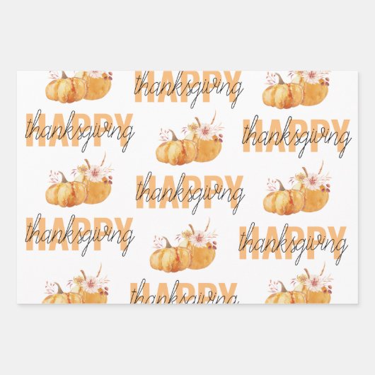 Waterverf Pompoenen en Oranje Happy Thanksgiving Inpakpapier Vel (Voorkant)