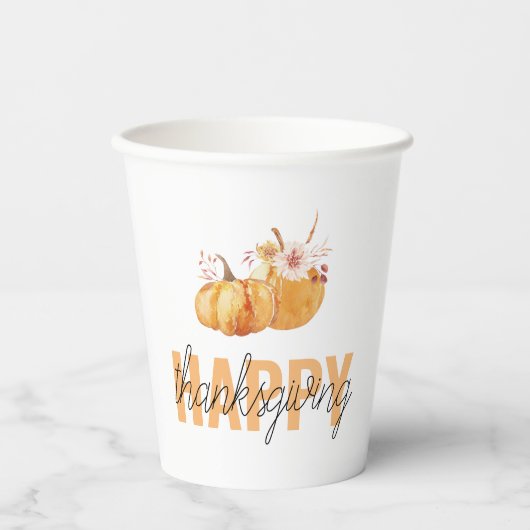 Waterverf Pompoenen en Oranje Happy Thanksgiving Papieren Bekers (Voorkant)