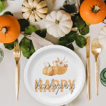 Waterverf Pompoenen en Oranje Happy Thanksgiving Papieren Bordje<br><div class="desc">Best Gift For Your Friends And Family,  Personalized Thanksgiving Text With Autumn Colors. Happy Thanksgiving With Watercolor Pumpkins With Flowers. Ideas for decorate you home on Thanksgiving</div>