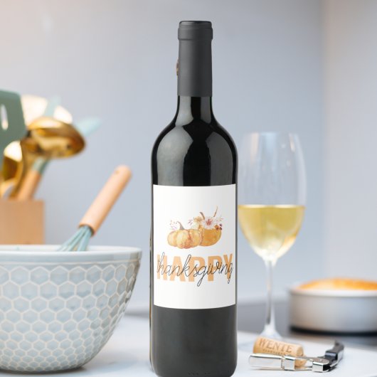 Waterverf Pompoenen en Oranje Happy Thanksgiving Wijn Etiket