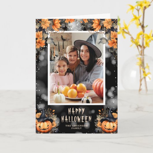 Waterverf pompoenen familie foto Happy Halloween Kaart (Gele Bloem)