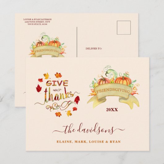 Waterverf Pompoenen Geven Dank Friendsgiving Briefkaart (Voorkant / Achterkant)