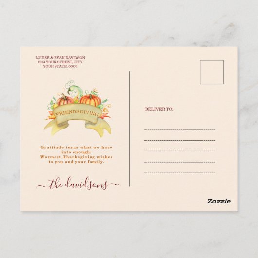 Waterverf Pompoenen Geven Dank Friendsgiving Briefkaart (Achterkant)