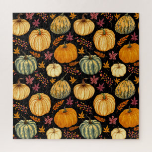 Waterverf pompoenen: herfst naadloos patroon. legpuzzel