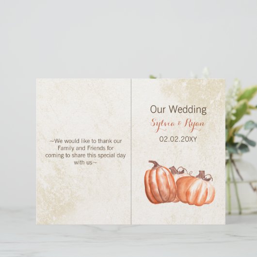 waterverf pompoenen twevoudig bruiloft programma (Staand voorkant)