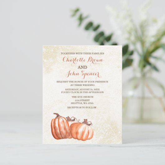 Waterverf pompoenen vallen onder huwelijksuitnodig (Staand voorkant)