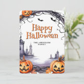 Waterverf pompoenen vleermuizen Happy Halloween Feestdagenkaart (Staand voorkant)