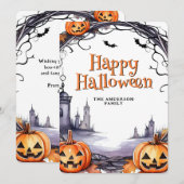 Waterverf pompoenen vleermuizen Happy Halloween Feestdagenkaart (Voorkant / Achterkant)