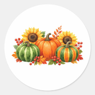 Waterverf Pompoenen, Zonnebloemen en Bessen Ronde Sticker