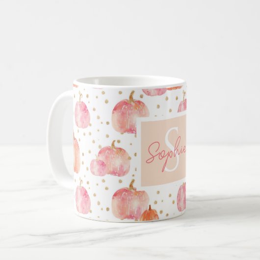 Waterverf Pompoenpatroon met naam Koffiemok (Voorkant links)