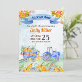 Waterverf pompoentractor slaat de datum op save the date (Staand voorkant)